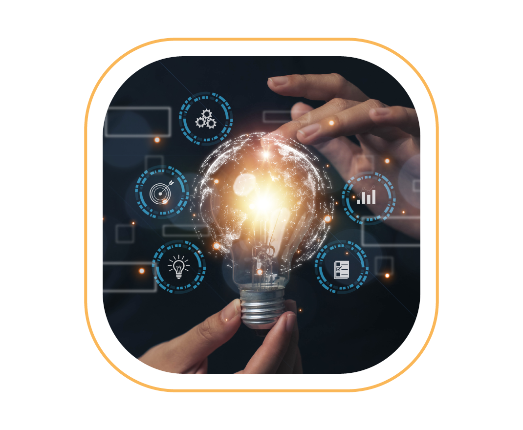 Hand holding a glowing digital globe surrounded by business icons